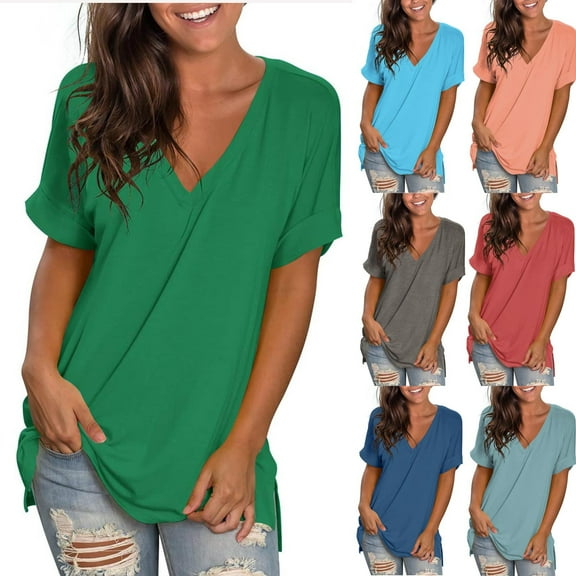 WRKEKC Short Sleeve Shirts for Women, Summer T-Shirts for Women, Women's Trendy V-Neck Rolled Sleeve Short Sleeve Blouse Casual Solid Elegant Blouse Loose T-Shirt Tops