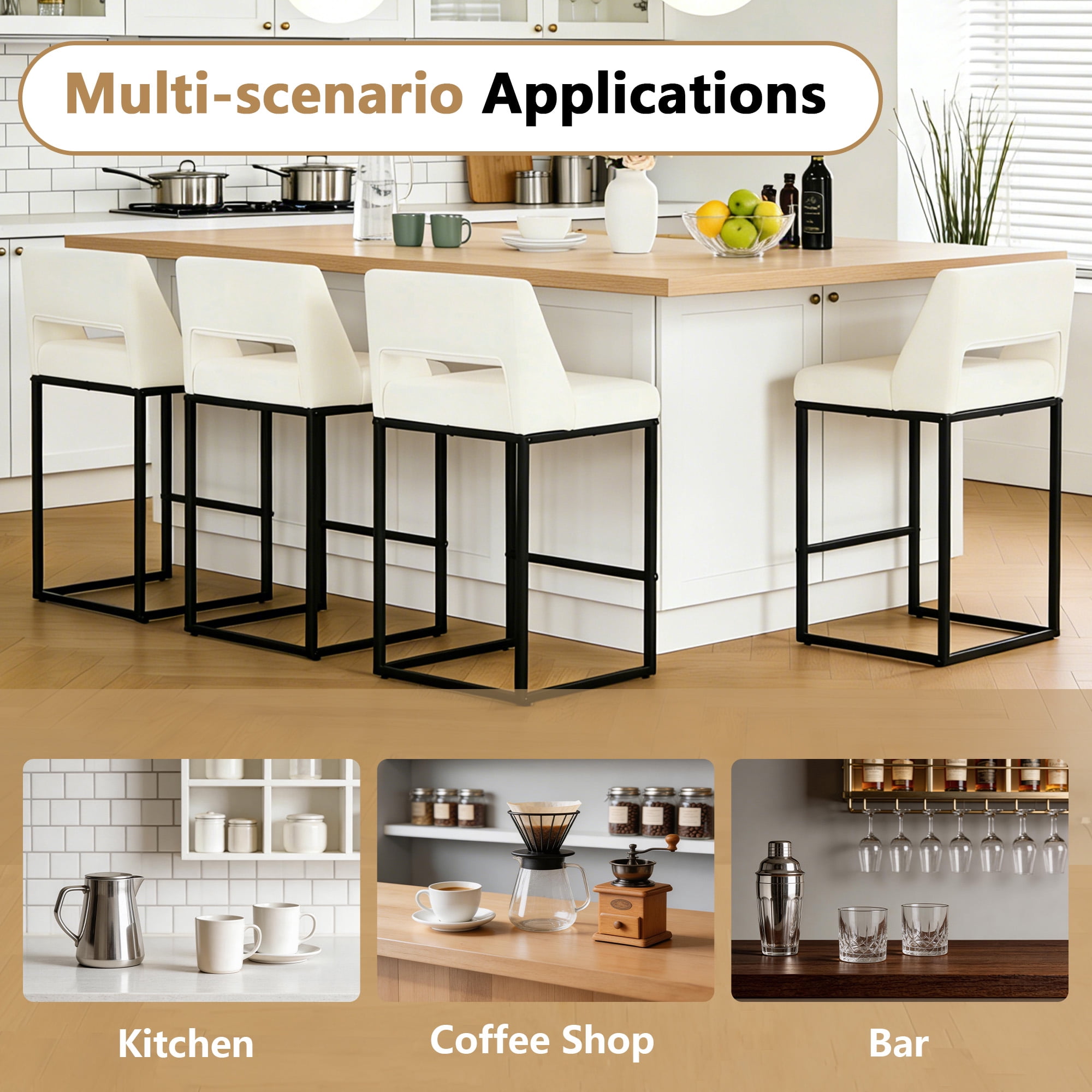 ClinQ Counter Height Bar Stools Set of 1, Hollow Back Kitchen Island Barstools, Upholstered Faux Leather Counter Stools with Metal Frame, Beige