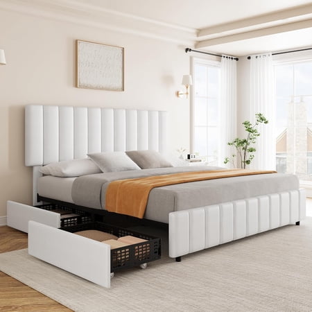 Upholstered Wood Storage Platform Bed Frame with Four large drawers for organized under Adjustable headboard (42.9 for Bedroom Non-Standard White