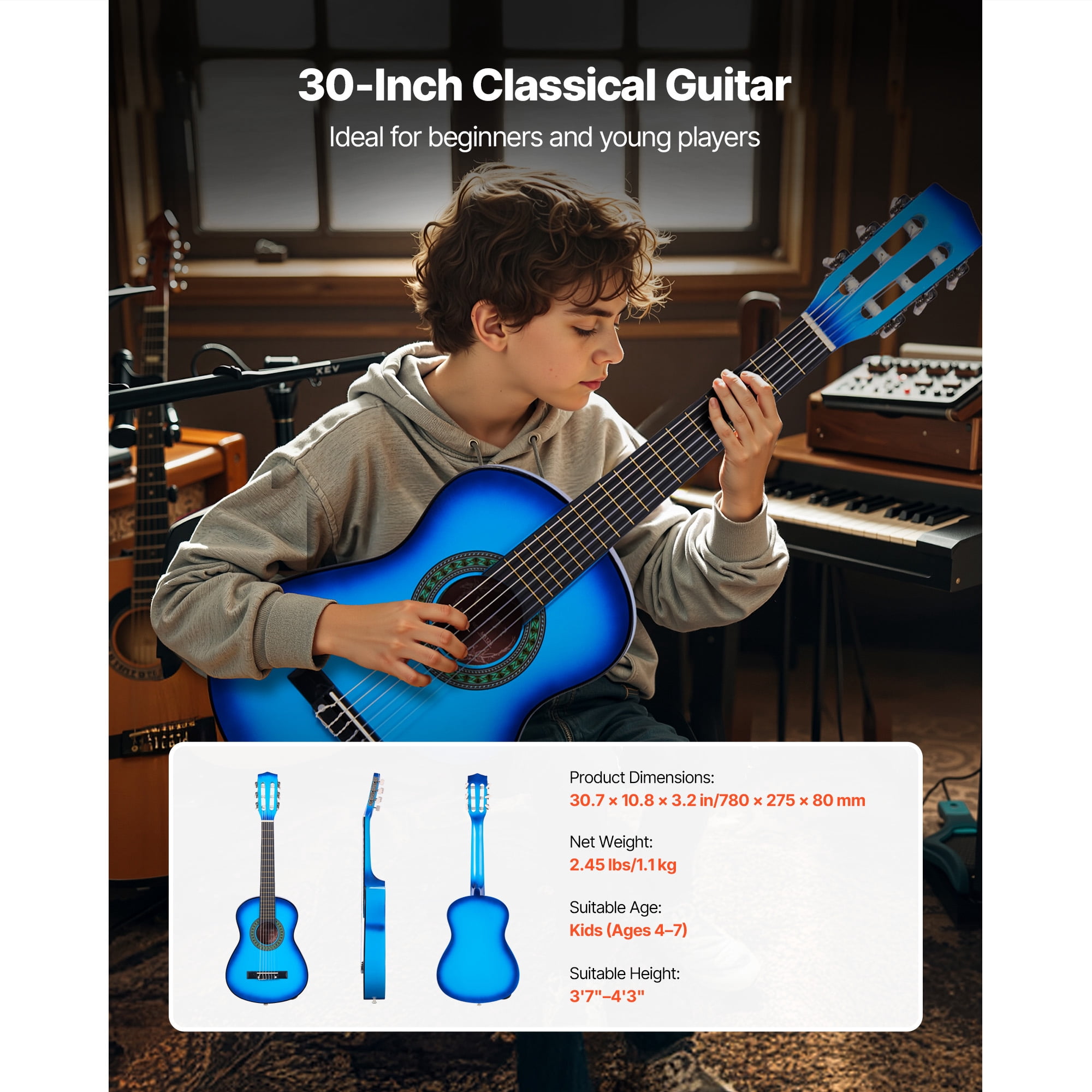 KFFKFF 30-Inch Classical Guitar Starter Kit, Wooden Acoustic Guitar for Beginners, Includes Nylon Strings, Gig Bag, Strap, Tuner, Extra Strings, Picks, and Capo, Ideal for Kids, Girls, Boys