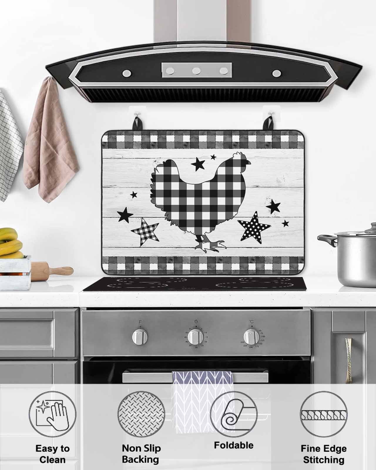 Large Induction Cooktop Protector Mat Chicken Hen Stove Top Covers for Electric Stove, Rooster Animals Farmhouse Plaid Country White Wooden Decorative Stove Burner Cover Mats, Glass Top Stove Cover