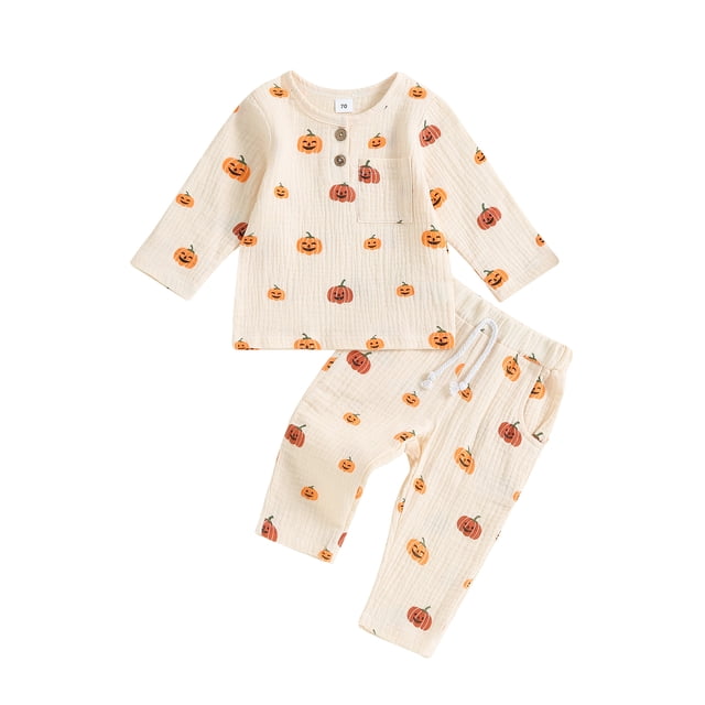 Gupgi 0-3 Years Toddler Girl 2PCS Halloween Clothes Set Long Sleeve Pumpkin Print Button Tops Drawstring Pants