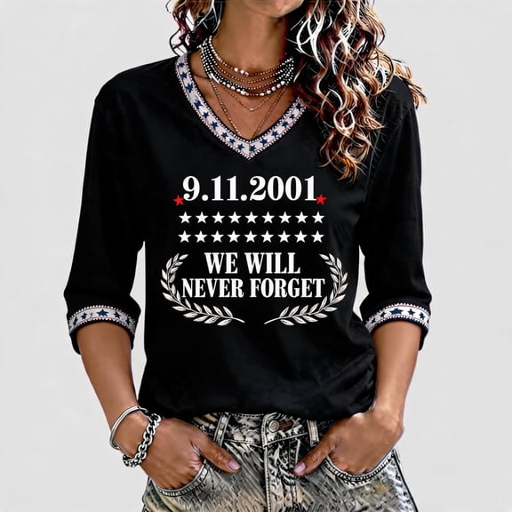USA 25th Anniversary Never Forget 9/11 Womens Memorial Shirt Patriotic Tee Towers & Flag Graphic Design Top Black L