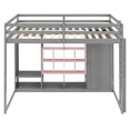 thumbnail image 3 of Full Size Wood Loft Bed with Wardrobe, Solid Wood Loft Bed Frame with Storage Shelves and Cabinet, Space Saving Design, for Bedroom, Dorm, Pink+Grey, 3 of 9