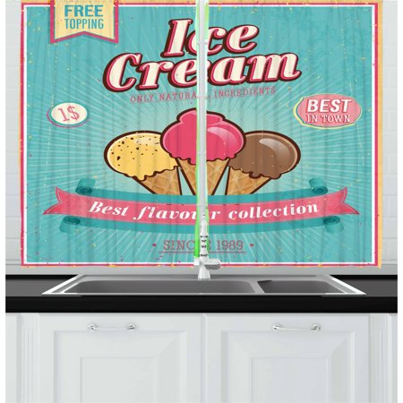Ice Cream Curtains 2 Panels Set, Best Flavor Collection Quote with Free Topping Children Design, Window Drapes for Living Room Bedroom, 55W X 39L Inches, Seafoam Pink Pale Yellow, by (Best Curtains For Living Room)