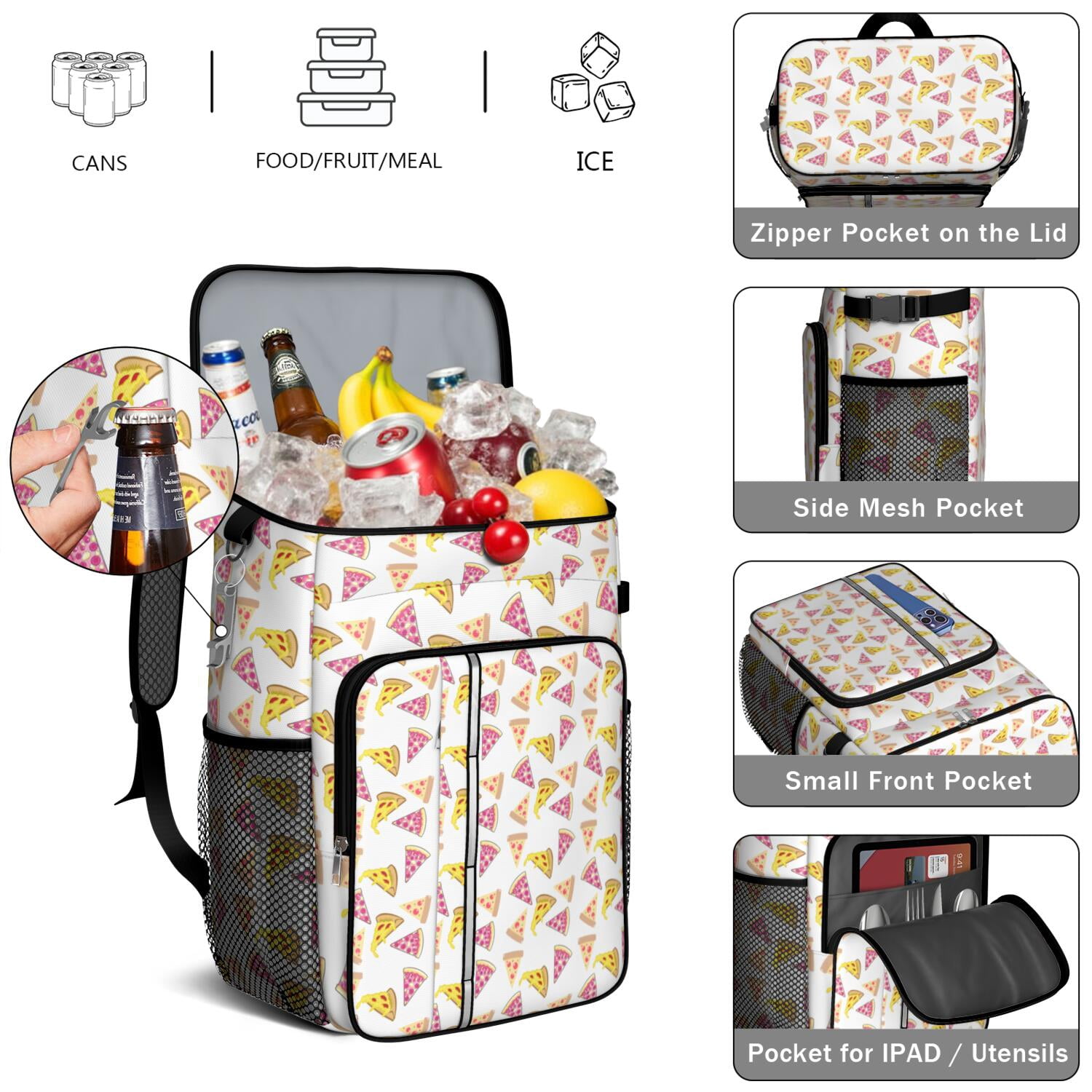 Delicious Foodie Cooler Backpack - High-Capacity 20L Insulated Soft Cooler Bag for Pizza, Picnics & Beach, Keeps Cold 20Hrs