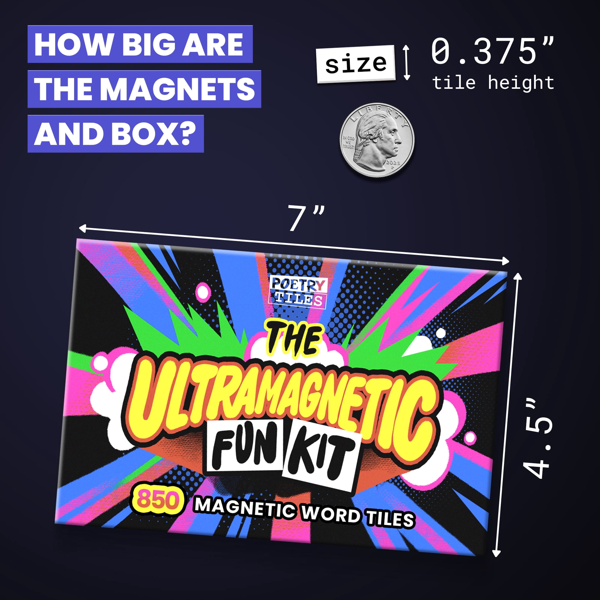 Poetry Tiles Ultramagnetic Fun Kit - Includes 6 Funny Fridge Poetry Games for Friends and Family - 700+ Words Magnets, Emojis, Header Tiles, Black Board, Liquid Chalk Pen, and Storage Bag