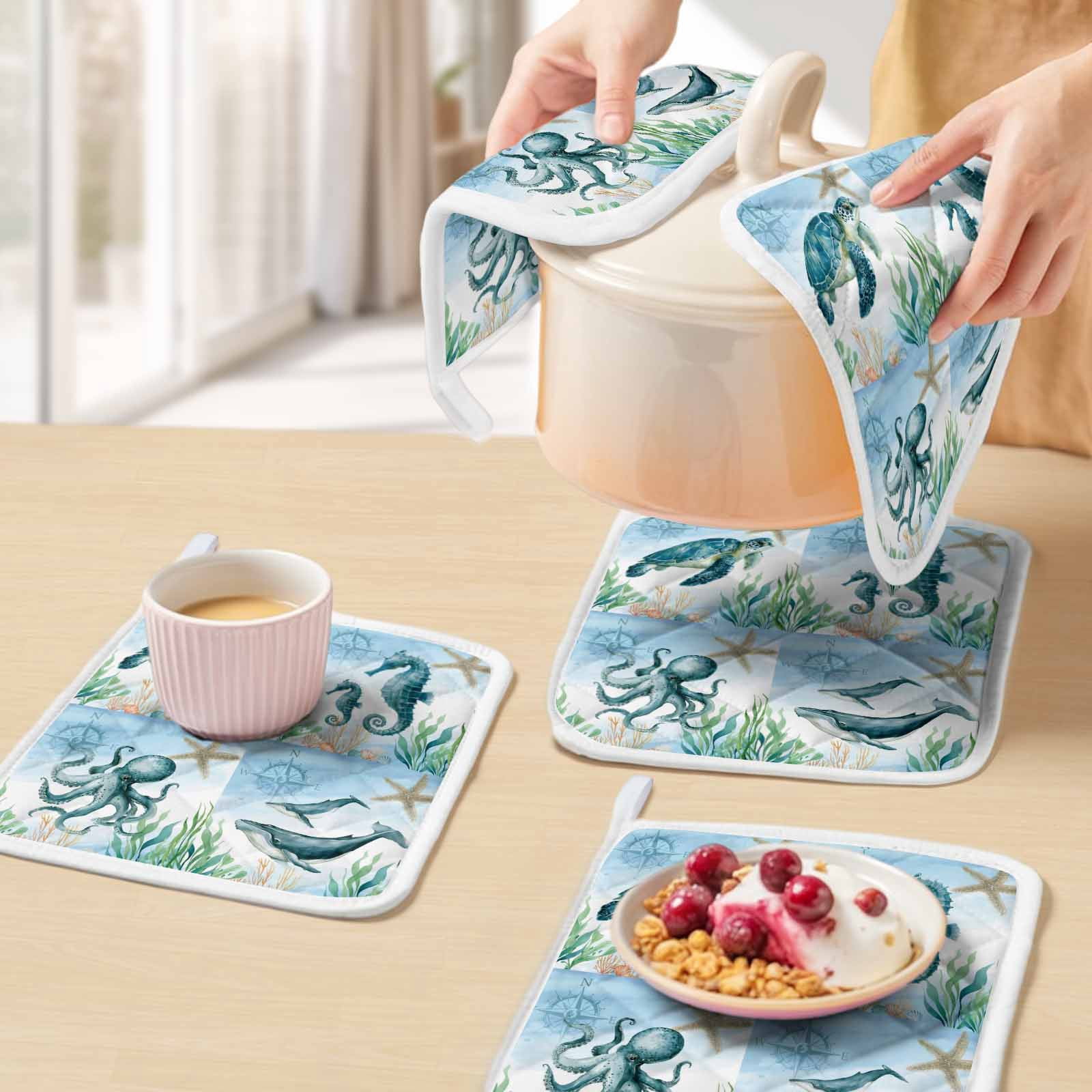 Coastal Pot Holders for Kitchen Heatproof Potholder, 2 Pack Ocean Turtle Seahorse Octopus Whale Beach Starfish Hot Pads Multipurpose Oven Pads Cloth Potholders Trivet for Cooking and Baking