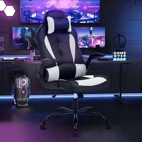 XF XINFENG PC Gaming Chair PU Leather, Office Chair with Lumbar Support Headrest, Flip up Arms, High Back Desk Chair White