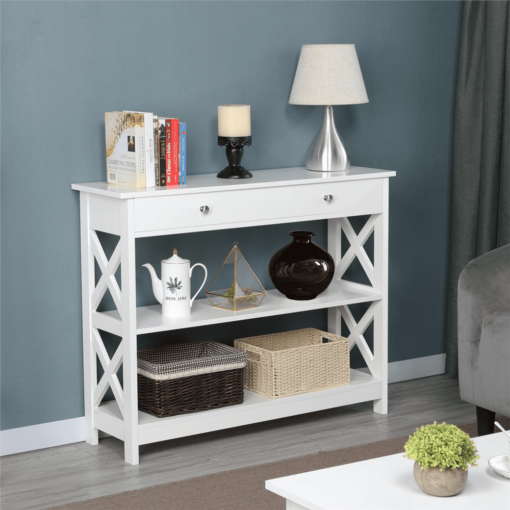 Alden Design 3-Tier X-Design Wood Console Table with Storage Drawer, White