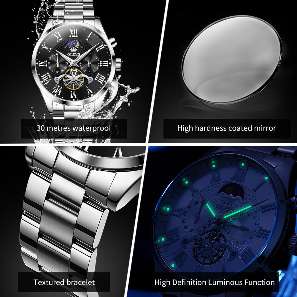 OLEVS Chronograph Watches for Men Waterproof Business Dress Analog Quartz Luxury Moon Phase Stainless Steel Roman Numeral Luminous Casual Mens Wrist Watches Reloj Para Hombre