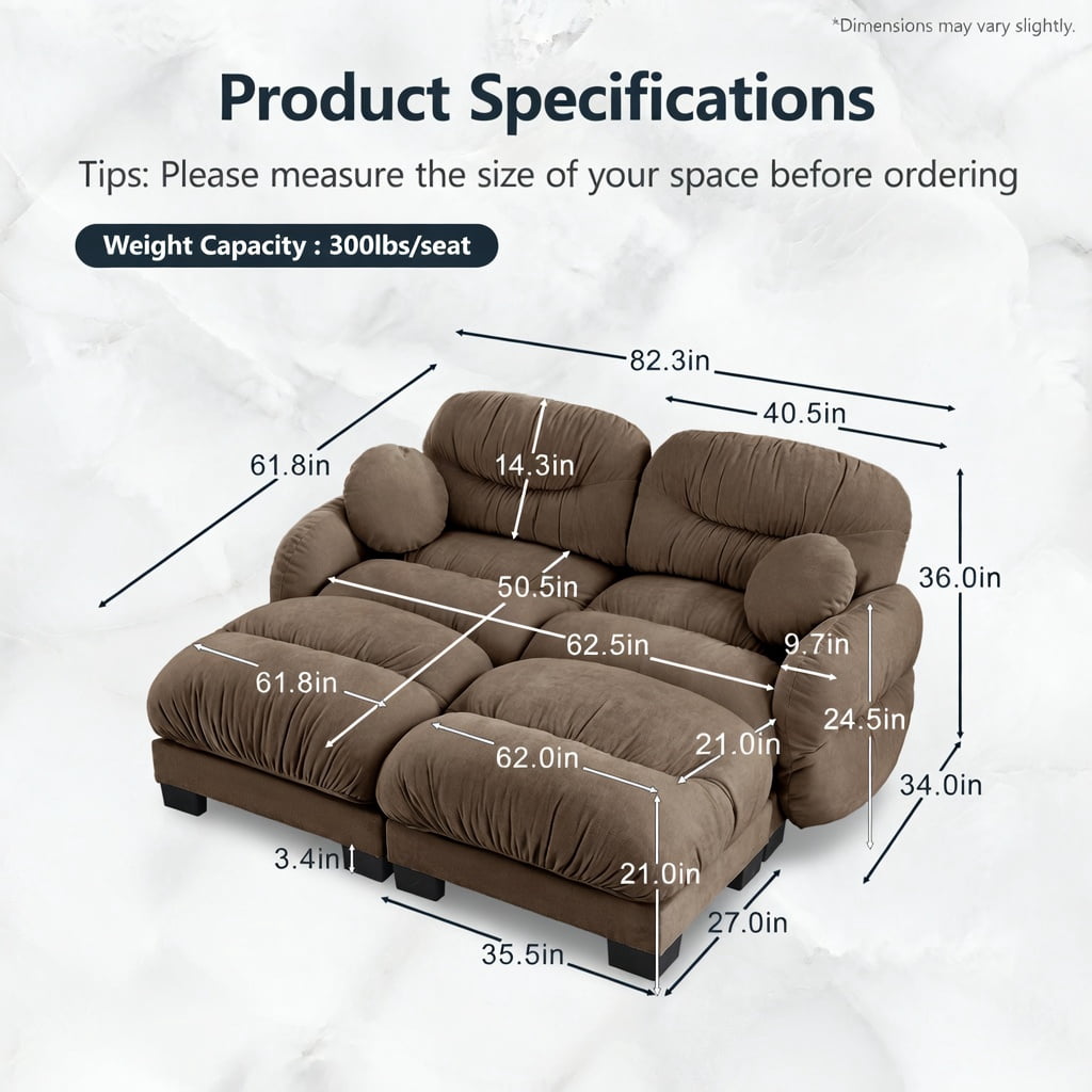 Hommoo Chenille 2-Seater L-Shaped Modular Sectional Sofa with Ergonomic Foam, Curved Armrests, 2 Ottomans & 2 Throw Pillows, Pleated Back Design, Brown