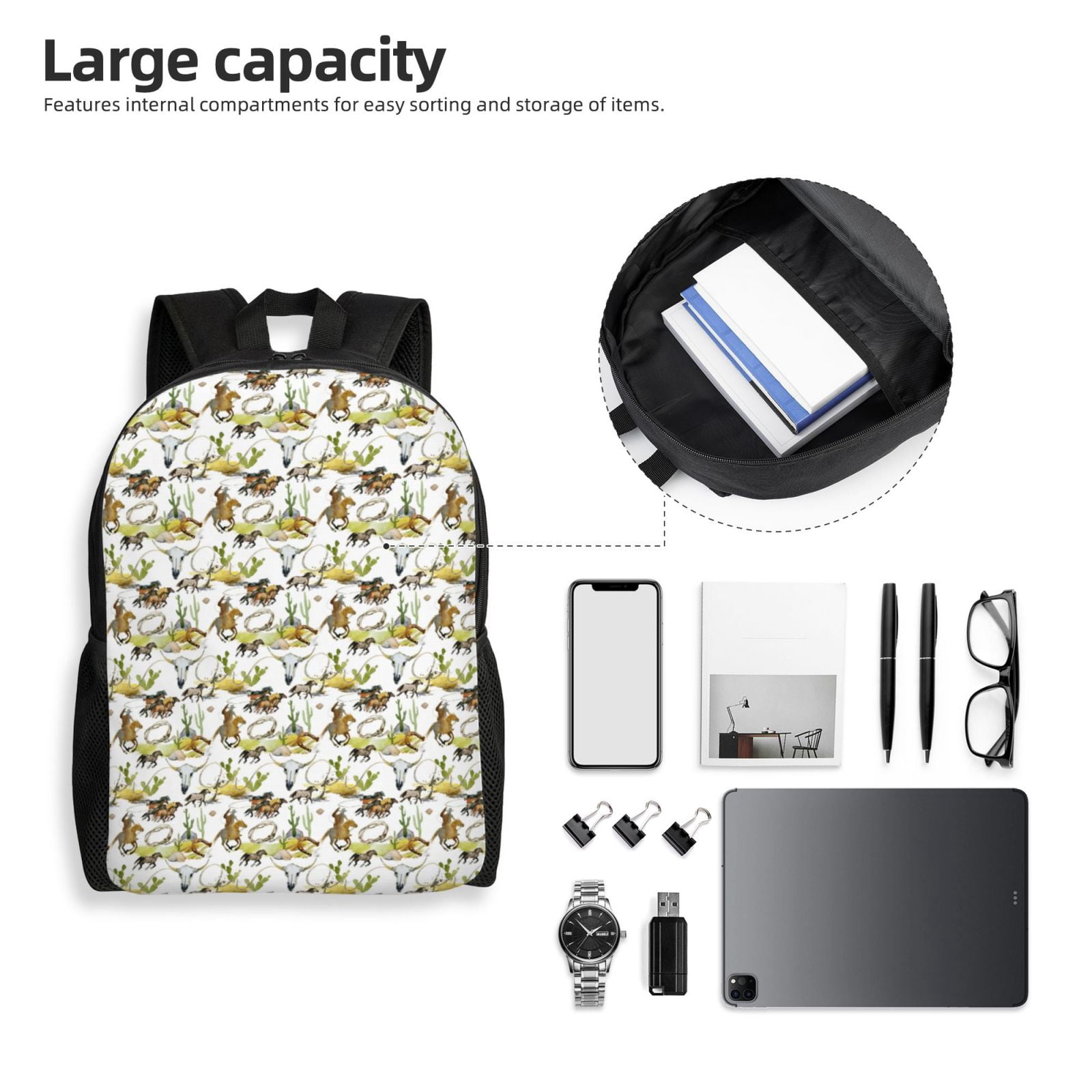 Xecao Wild West Western Print School Backpack with Laptop Compartment Small Travel Laptop Backpack for Women Men Waterproof College Backpack Simple School Bag