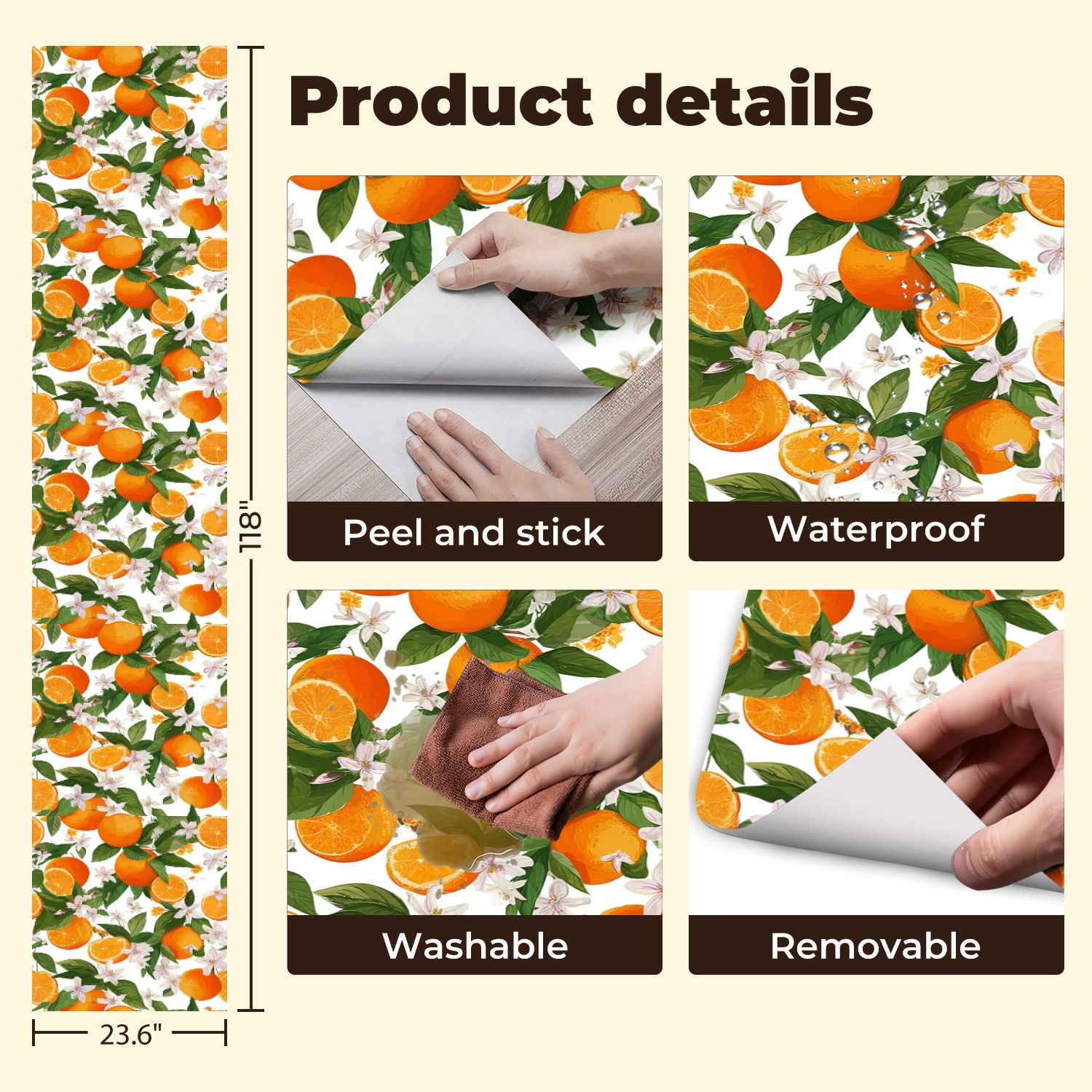 Vintage Peel and Stick Wallpaper Citrus Orange Blossoms Green Leaves Wall Mural 23.6in x 9.8ft Self Adhesive Removable Wall Paper Renter Friendly Wallpaper for Nursery Bedroom Cabinets