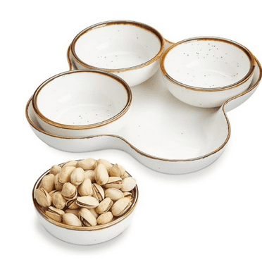 Chip and Dip Serving Set, 8.5 inch Speckled Ceramic Divided Serving Platter Small Appetizer Tray with 4 Removable Dishes for Nuts, Candy, Snacks, Veggies, Rustic Serving Bowls for Entertaining