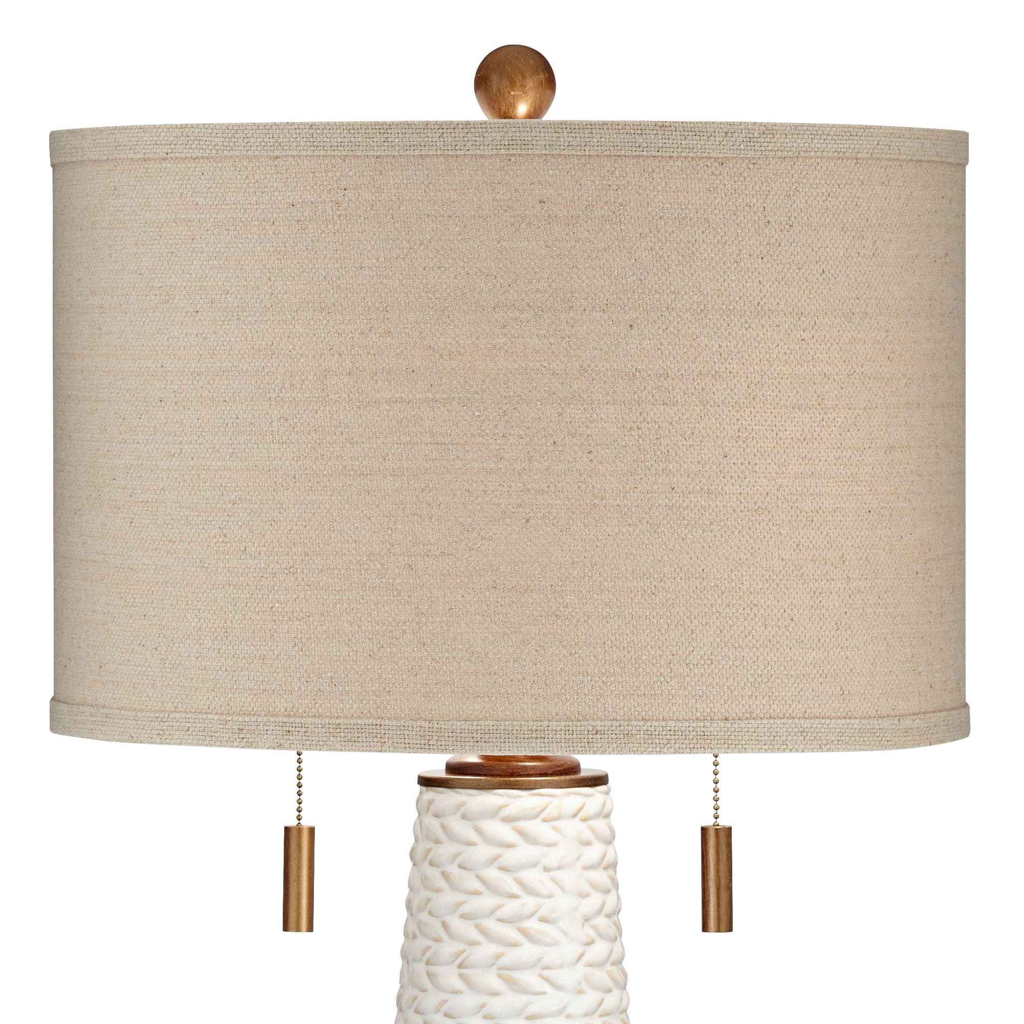 Possini Euro Design Kingston Modern Mid Century Table Lamps 32 3/4" Tall Set of 2 White Textured Ceramic Taupe Drum Shade for Bedroom Living Room Home