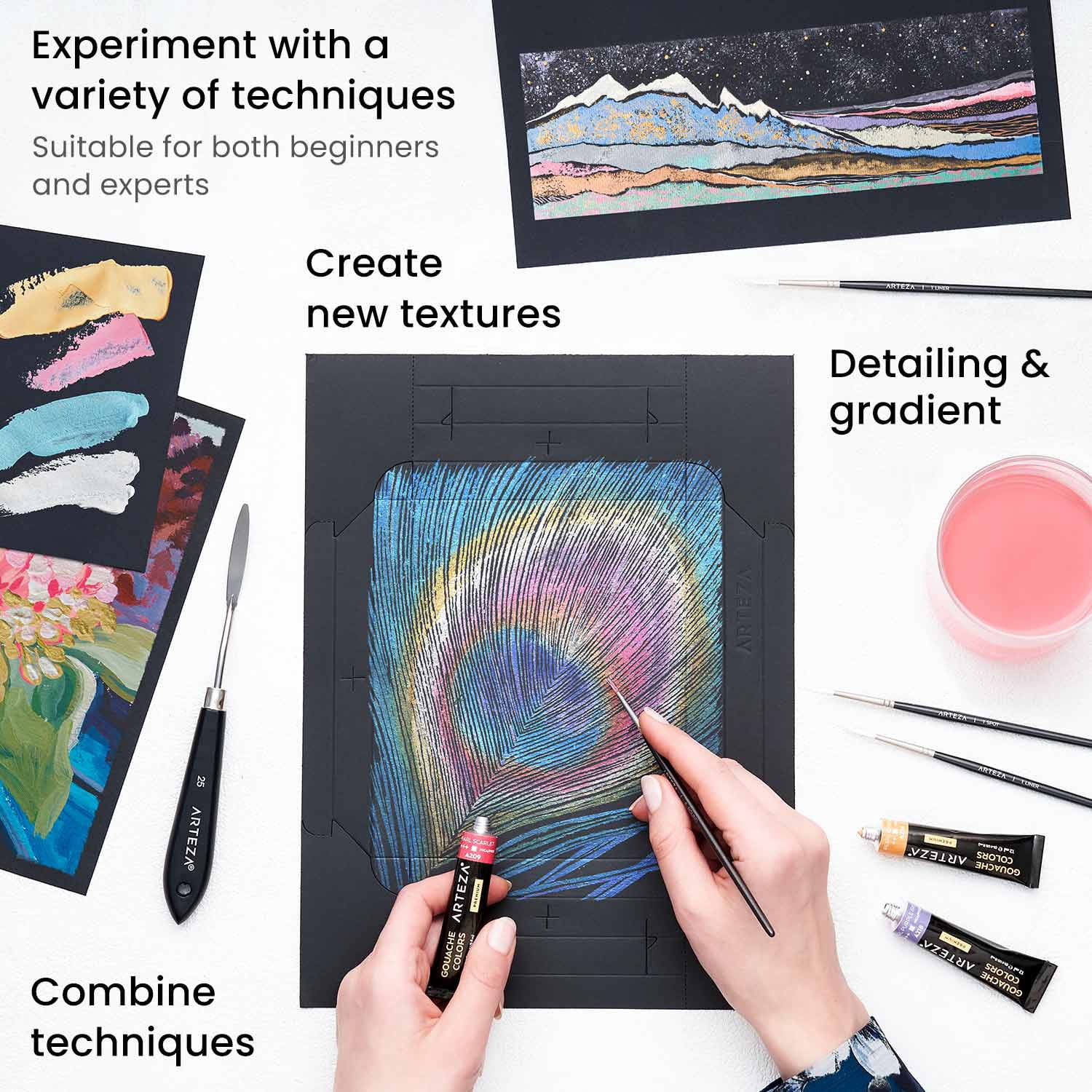 Arteza Gouache Painting Art Set Value Pack, 12 Metallic Gouache Paints and Foldable Black Canvas