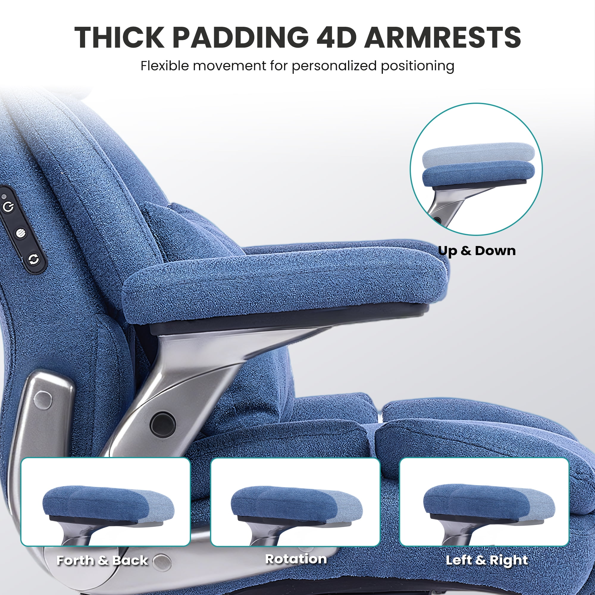 EOP 600LBS Big and Tall Heavy Duty Office Chair, Ergonomic Massage Desk Chair with 4D Adjustable Armrests, Fabric Executive Chair with Lumbar Support & Quiet Dual Rubber Wheels, Blue
