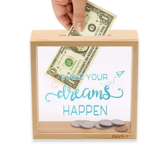 Piggy Banks for Adults, Decorative Shadow Box Wooden Frame, coin Bank Money Bank, Sized 65x65x22 Inch, Natural Wood Money Box, Printed on The Plexigla