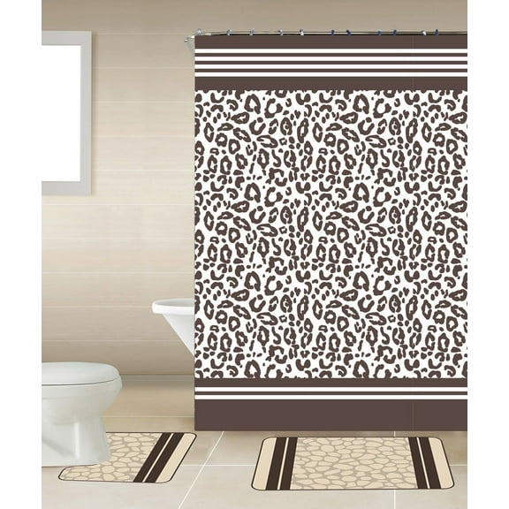 Angola Brown Leopard 15-Piece Bathroom Accessory Set: 2 Bath Mats, Shower Curtain & 12 Fabric Covered Rings