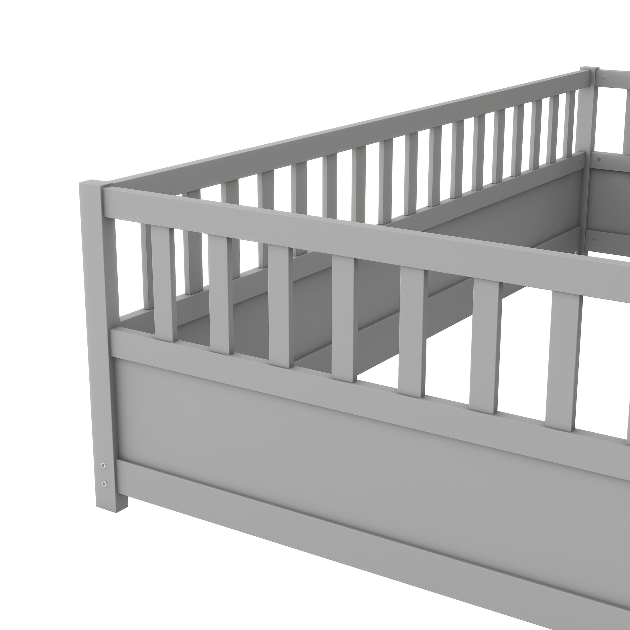 Noble House Twin Size Montessori Floor Bed with Safety Guardrails and Door, Wood Kids Bed Frame, Gray