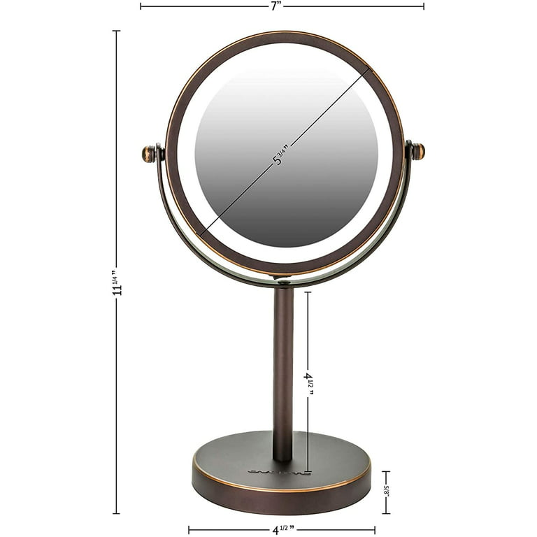 Ovente Lighted Vanity Mirror 7X Spinning Bathroom Inch Powered Circle Personal 6 Desk Makeup Antique Battery Stand MLT60ABZ1X7X Top Adjustable LED 360 Double Magnification Large Table 1X Bronze Sided
