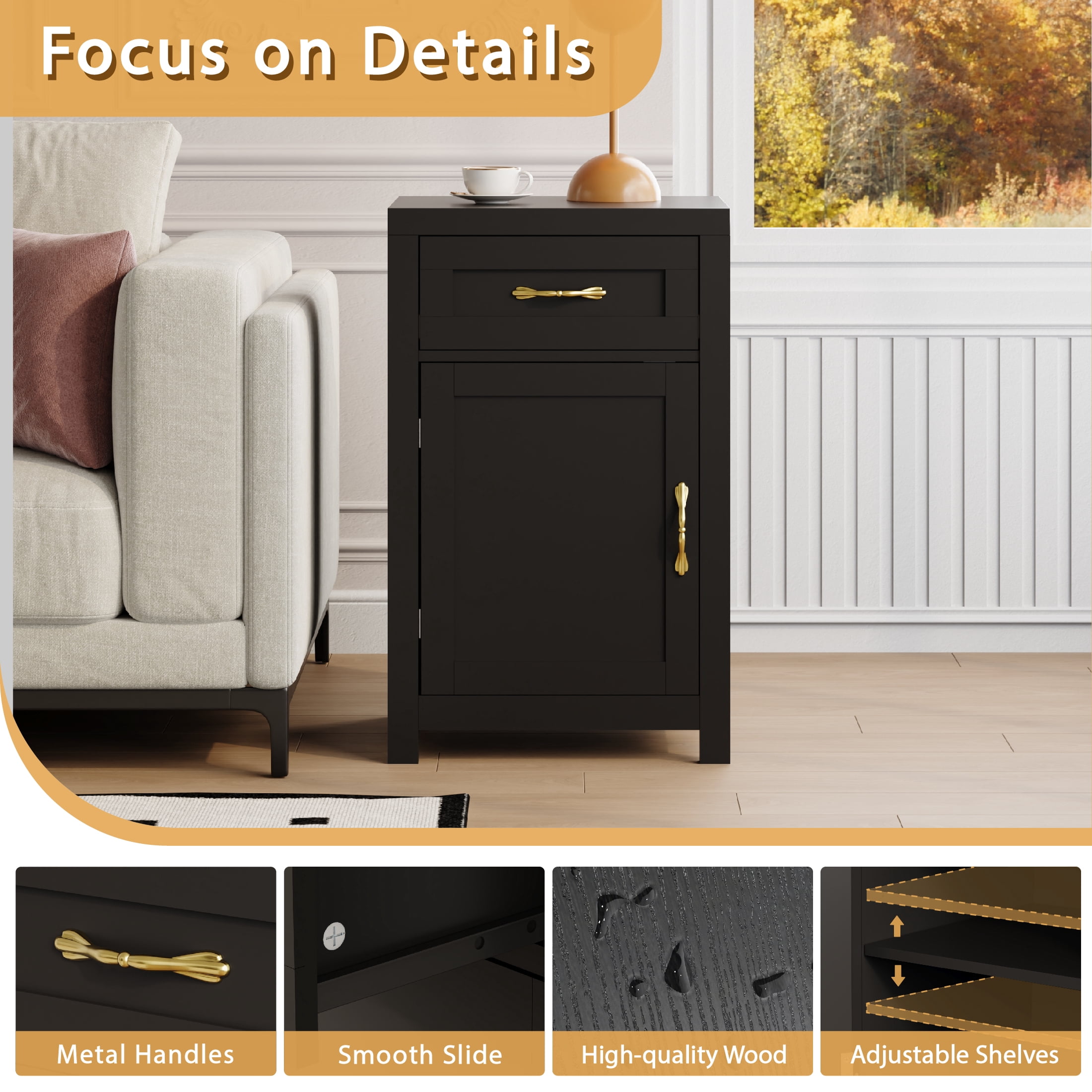 YouTrend Farmhouse End Table with Drawer and Storage Cabinet for Living Room,Rustic Adult Nightstand for Bedroom,Black