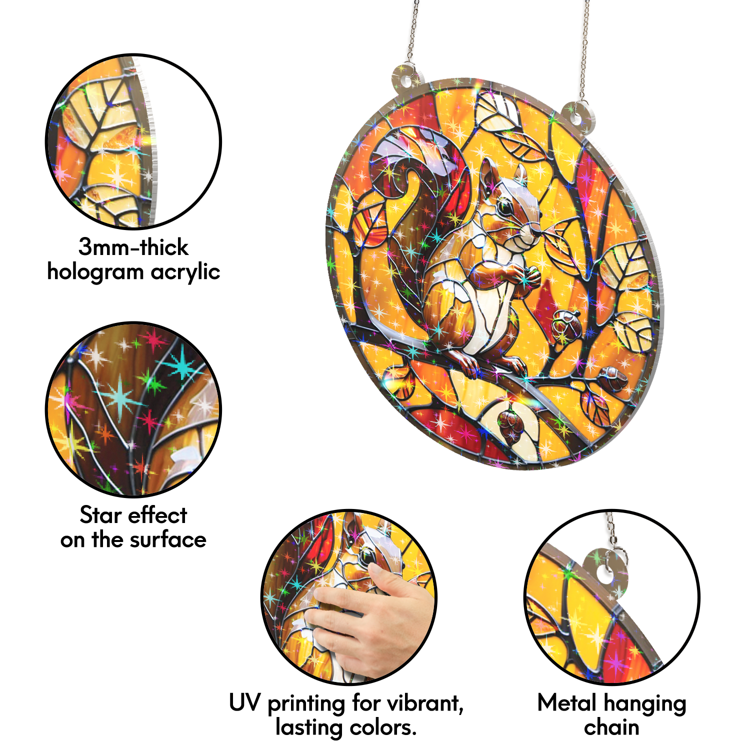 89Bloom Squirrel Stained Glass Hologram Ornament, Stained Glass Suncatcher Ornaments Home Decor, Holographic Ornaments