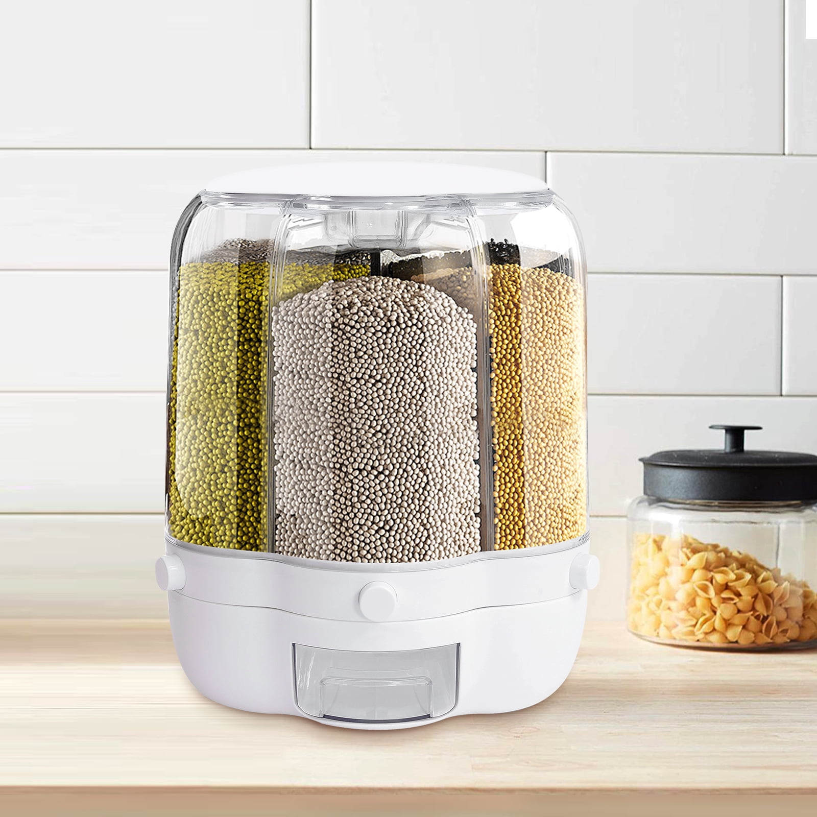 12.5kg/28lbs Rice Dispenser, 6 Grid 360° Rotating Rice Container Cereal Dispenser with Lid, Grain Storage Organizer Holder for Kitchen Countertop Dry Food, White