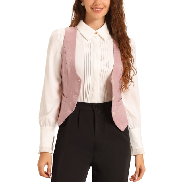 INSPIRE CHIC Chaleco Vintage para Mujer, Botones Jacquard Steampunk, Chaleco con Bolsillos S Rosa
