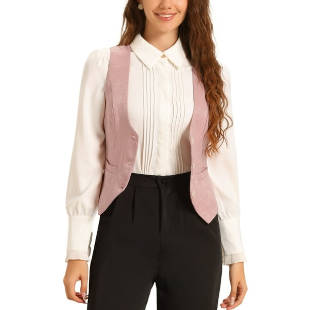 INSPIRE CHIC Chaleco Vintage para Mujer, Botones Jacquard Steampunk, Chaleco con Bolsillos S Rosa