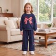 thumbnail image 2 of Afdoent Girls 2 Piece Outfit Embroidered Bow Hoodie Wide Leg Sweatpants Lightweight Fall Casual Two Piece Outfit 9-10 Years, 2 of 4