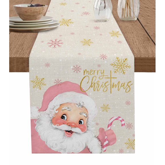 Pink Santa Christmas Table Runner 72 Inches, Xmas Snowflake Winter Rustic Bed Runner Dresser Scarves Tabletop for Indoor Outdoor Parties/Ceremony/Banquet, 13" x 72"