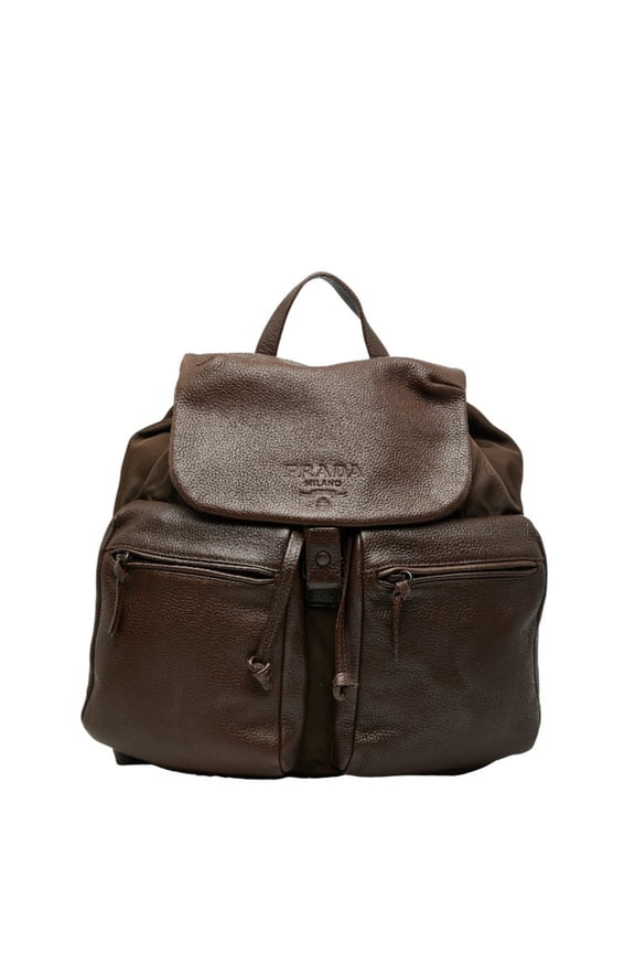 Pre-Owned Prada logo backpack in brown leather and nylon for women. (Fair)