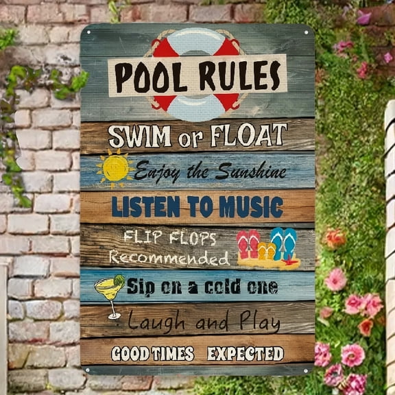 12x8 Inch Metal Sign Summer Pool Rules Slogan, Swim Or Float Enjoy The Sunshine Yard Outdoor Decoration Wall Decor For Home Kitchen Bathroom Farm Garden Garage, Retro Metal Sign Home
