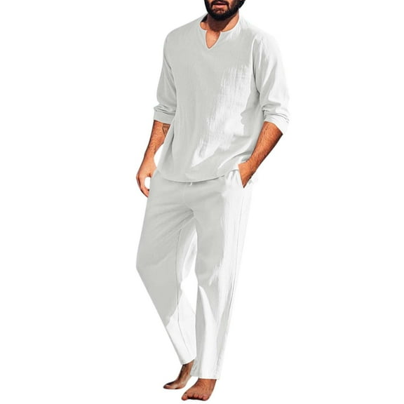 JDEFEG Double Suit Men Men Pieces Cotton Linen Set Henley Shirt Long Sleeve and Casual Beach Pants Summer Yoga Outfits 20S Suit Cotton Linen White S