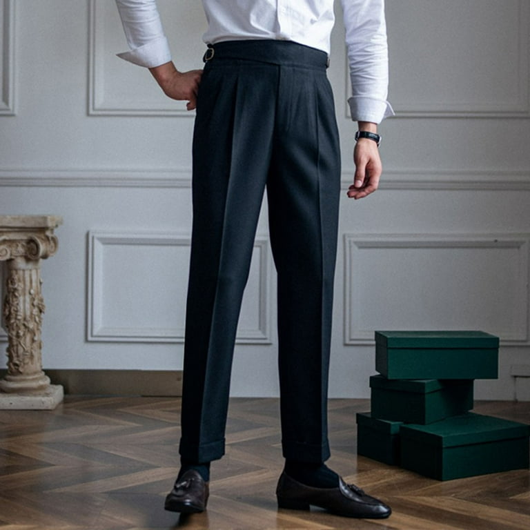 Men's Polyester Slim Fit Dress Pants Buckle Belt Design