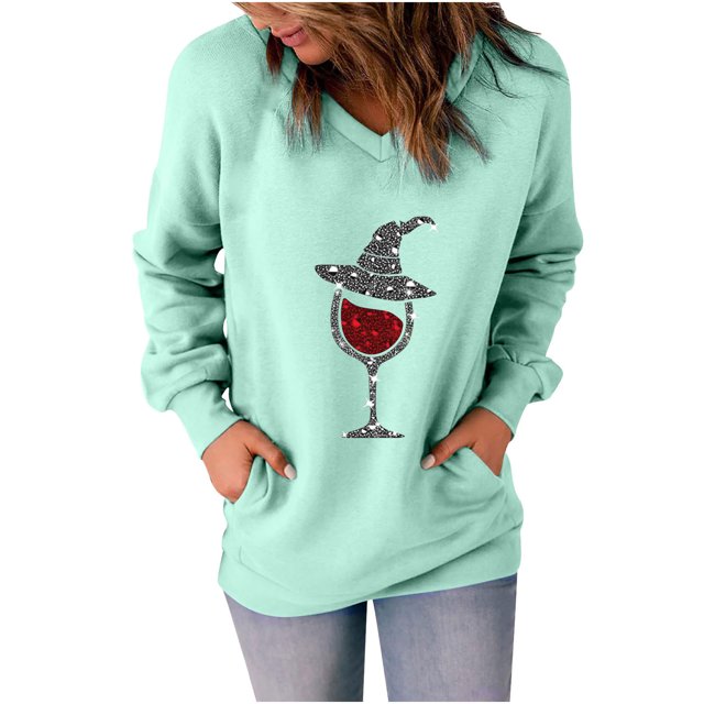 Sudadera clásica de manga larga con cuello en V y estampado de Halloween para mujer Pompotops FGAJ15787