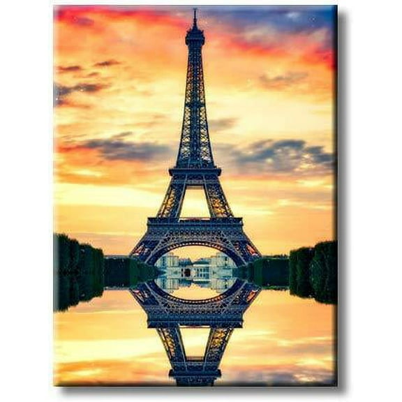 Eiffel Tower in Paris Water Reflection at Sunset Picture on Stretched Canvas, Wall Art Decor, Ready to Hang