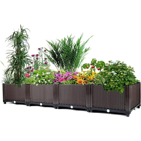 QinaQin Raised Garden Bed,Outdoor Self-Watering Elevated Planter Box with Drainage Plug,for Vegetables,Flowers,Brown