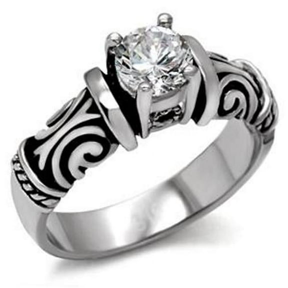 Antique Style Women's 5x5mm Round CZ Stainless Steel Wedding Bridal Ring - Size 6