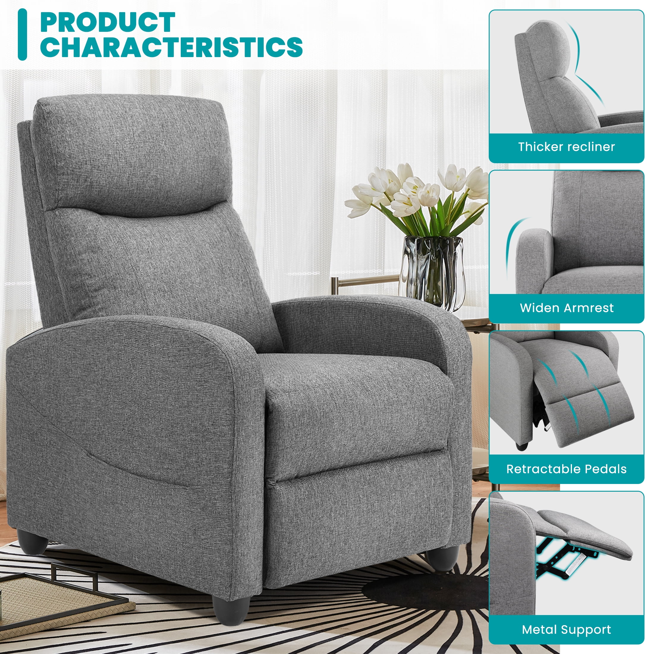 EDX Linen Recliner Chair, Small Recliner Sofa Chair with Padded Seat & Side Pocket, Modern Seating Furniture with Footrest & Backrest for Home, Theater, Living Room, Grey