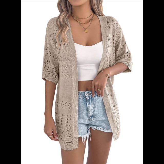 Cárdigan de Crochet de Verano para Mujer, Corta, Bohemio, Holgado, de Punto Abierto, Color Caqui, Talla XXL