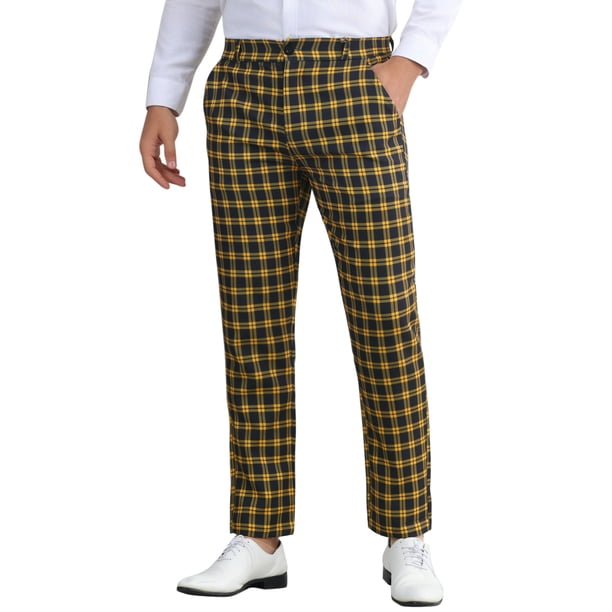 Pantalones de hombre INSPIRE CHIC de cuadros, corte regular, frente plano, elásticos, a rayas, talla 38, negro y amarillo