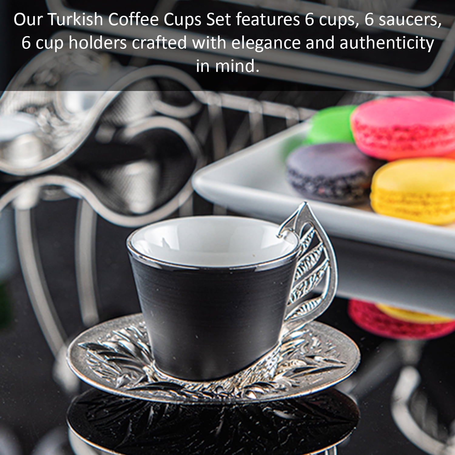 Elegant Turkish Coffee Cup Set with Metal Stand | 19 Pcs Colorful Coffee  Cups with Leaf Design Handles and Saucers | 6Arabic, Greek Coffee Cups |  Set