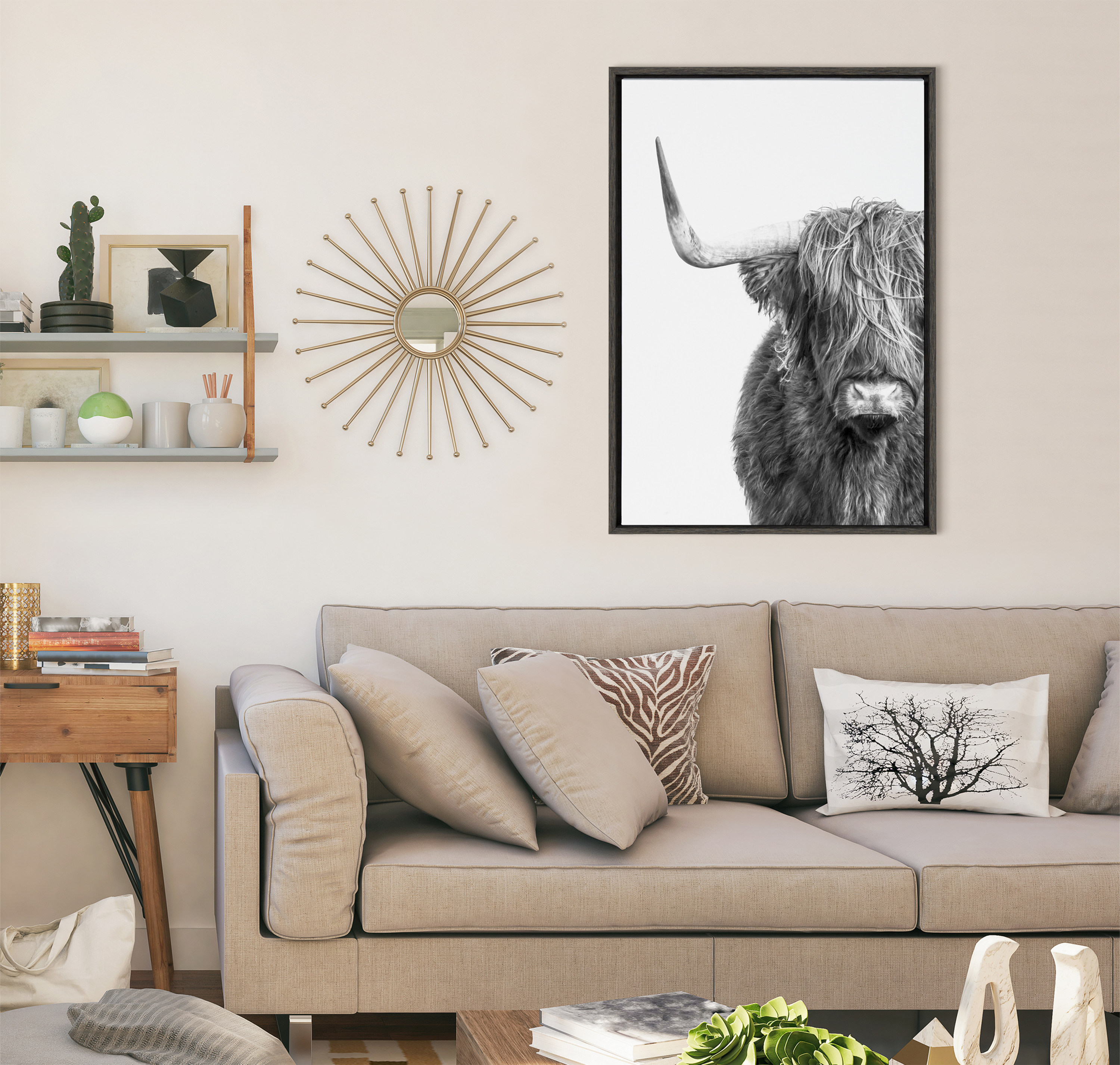 Kate and Laurel Sylvie BW highland Cow No. 1 Framed Canvas Wall Art by Amy Peterson Art Studio, 23x33 Gray, Rustic Animal Wall Decor for Wall