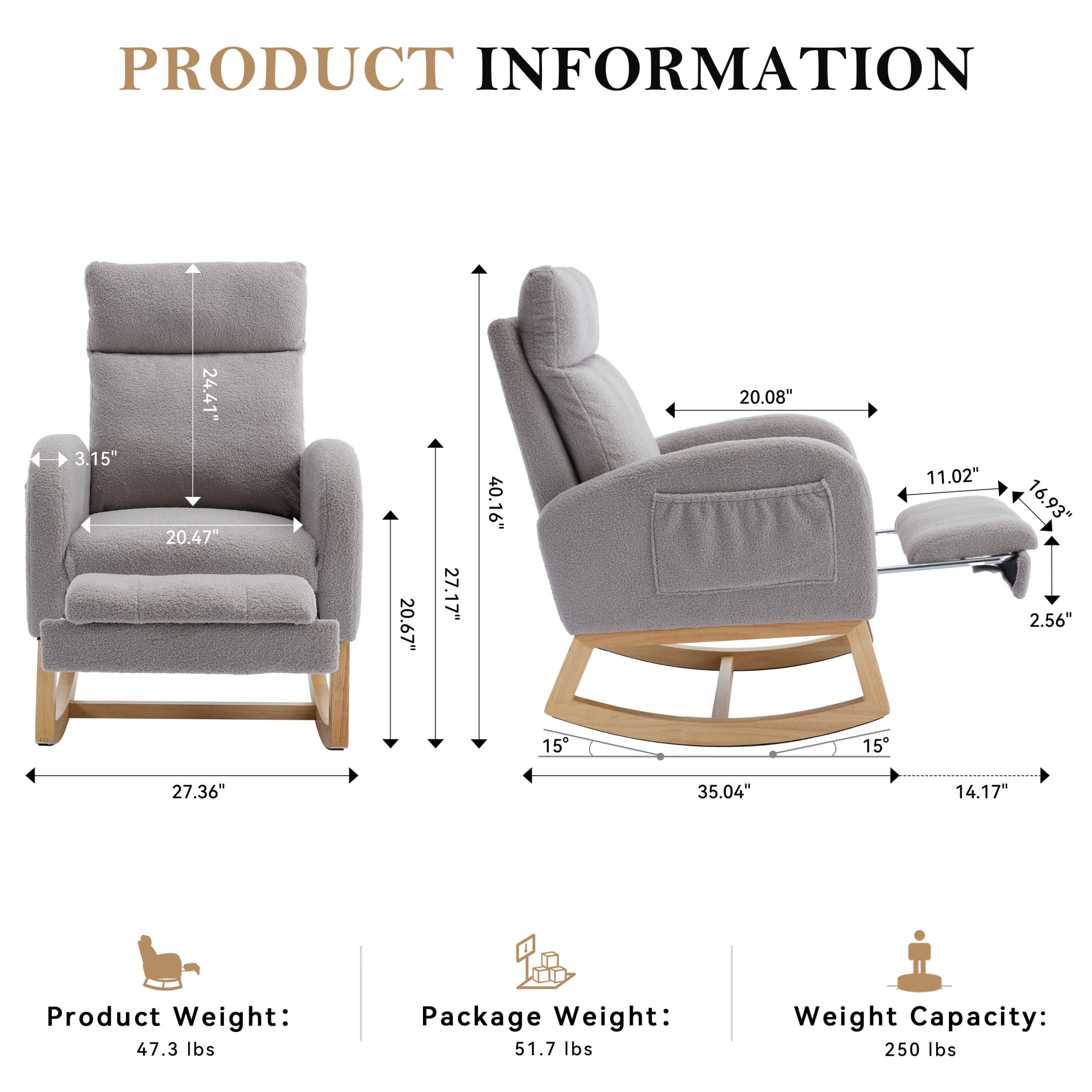 Noble House Arlais Teddy Nursery Rocking Chair with Adjustable Footrest, Comfortable Accent Glider Daybed, Light Gray
