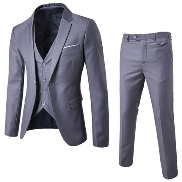 Aqestyerly Men's Fashion Suit Jacket + Vest + Suit Pants Three-Piece Suit Gray M