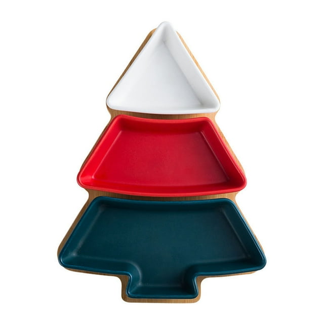 Ceramic Christmas Tree Tray With Wooden Base And Gold Lettering Three-Tier Snack Serving Platter 10.82 in Tall