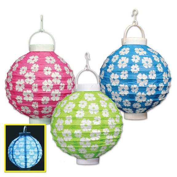 Party Central Club Pack of 18 Pink and Green Light-Up Hibiscus Floral Paper Lantern Hanging Party